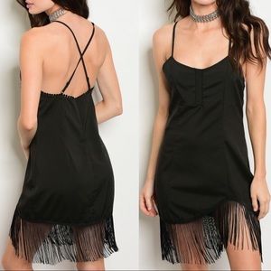 Spaghetti Strap with Fringe Mini Black Dress